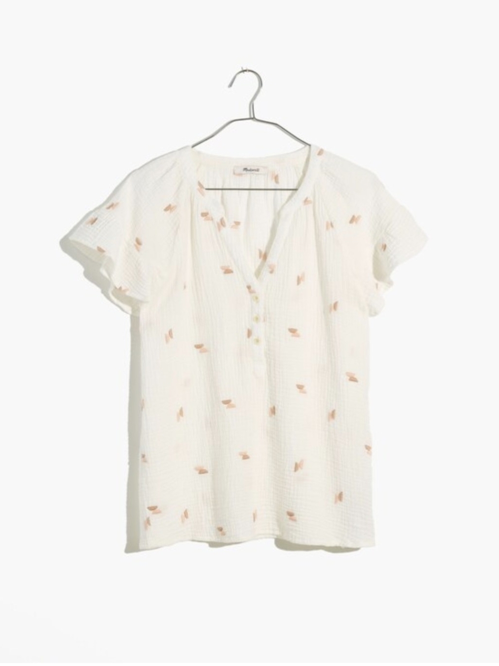 Madewell Cream Short Flutter-Sleeve Blouse with Pink Dot Motif